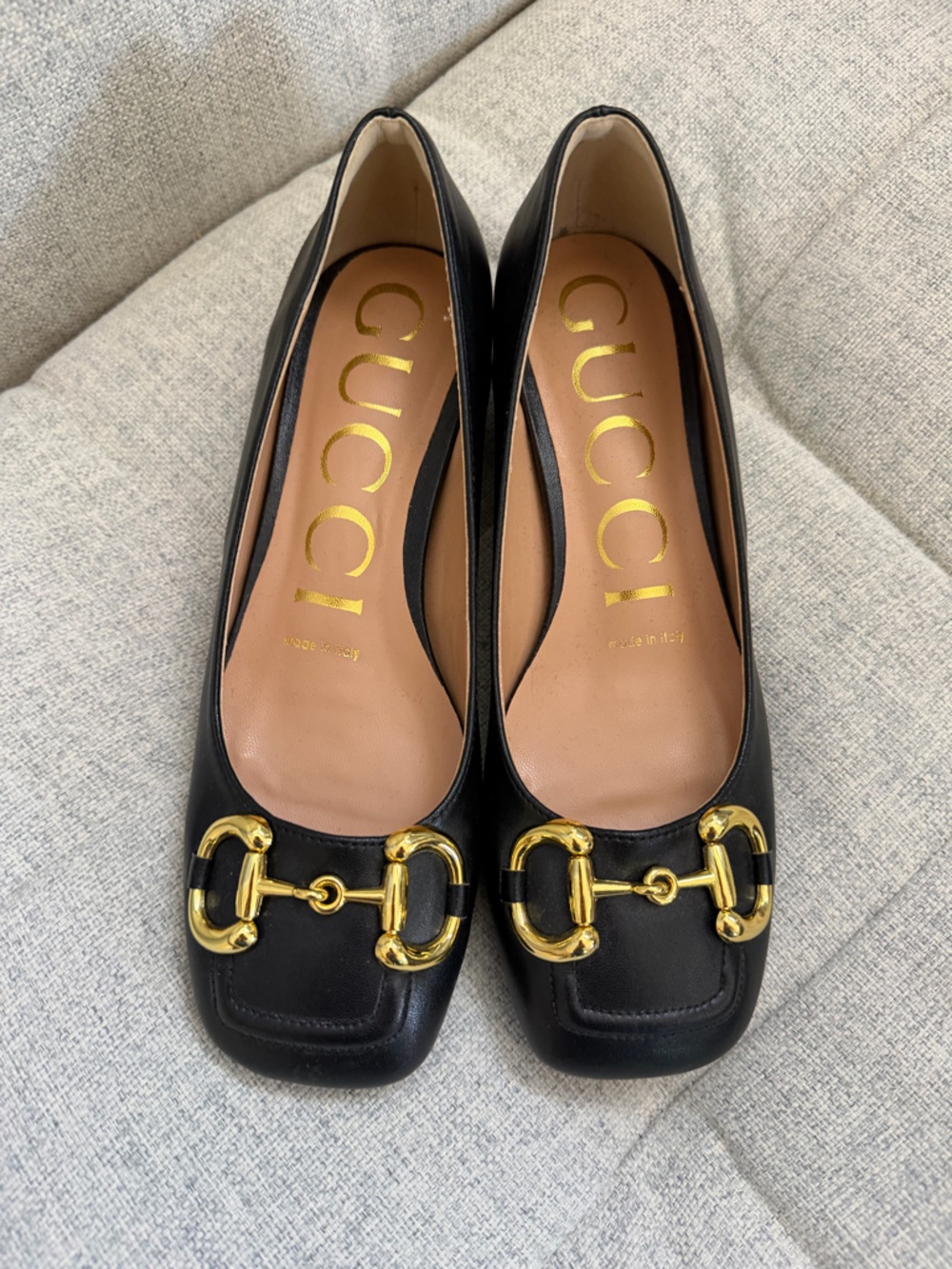 GUCCI Black Leather Ballet Gold Horsebit Heels